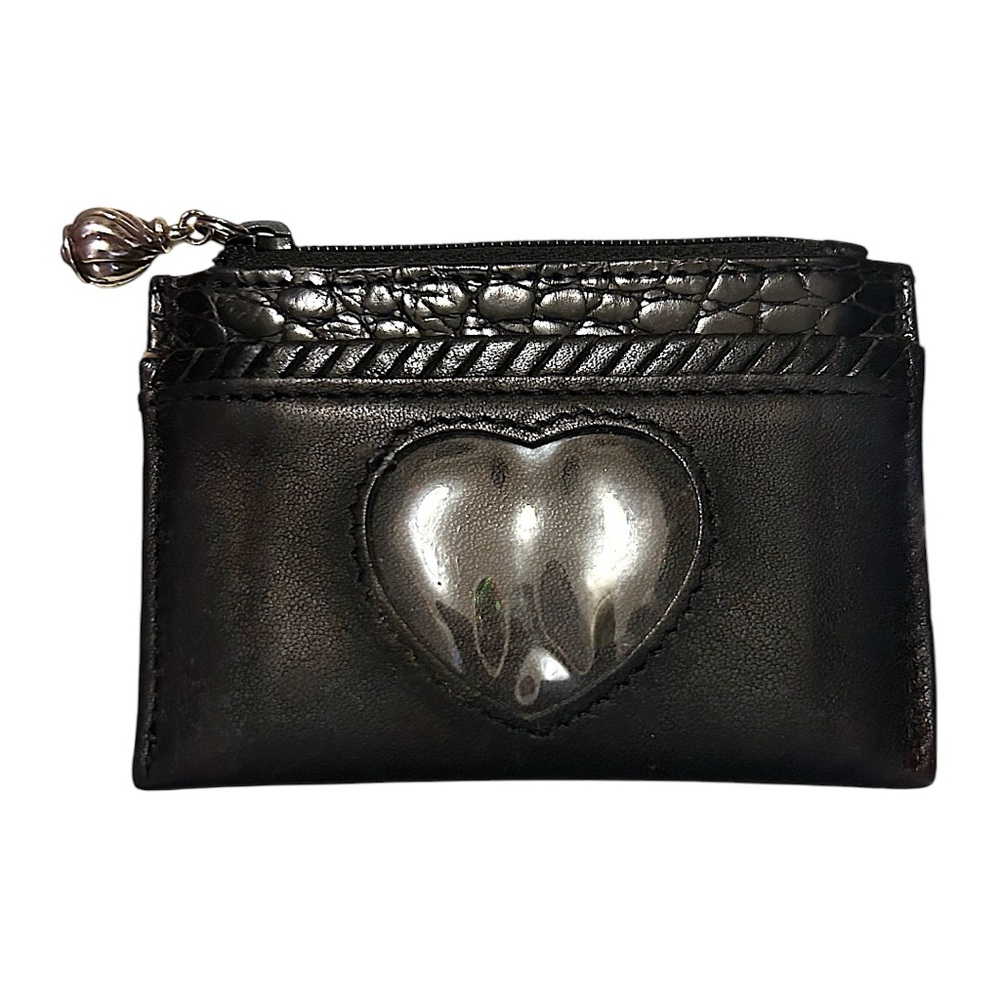 Brighton Black Leather Card Case Zipper Coin Pocket Heart Window
